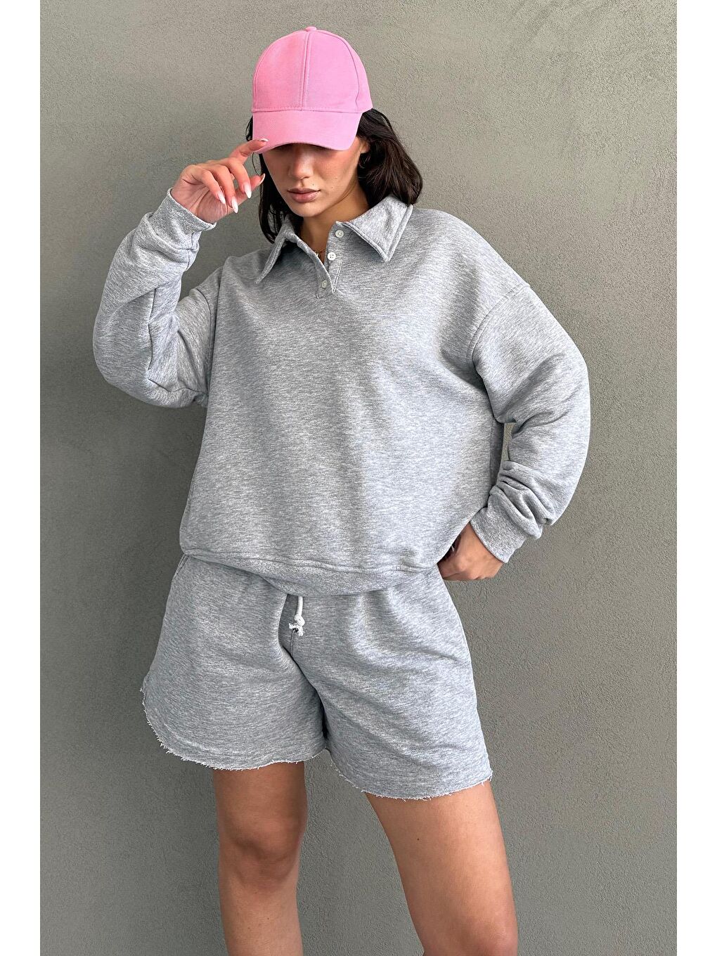 Gri Polo Yaka Kadın Şort Sweatshirt Takım Mg2375-3