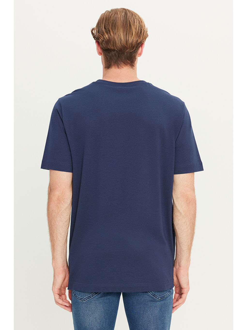 %100 Pamuk Regular Fit Normal Kesim Bisiklet Yaka Lacivert Tişört-4