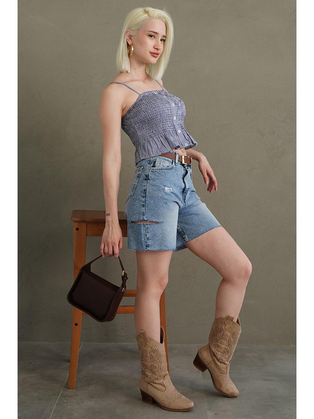 Mavi Saks Ayarlanabilir Askı Pötikareli Crop Mg2371-4