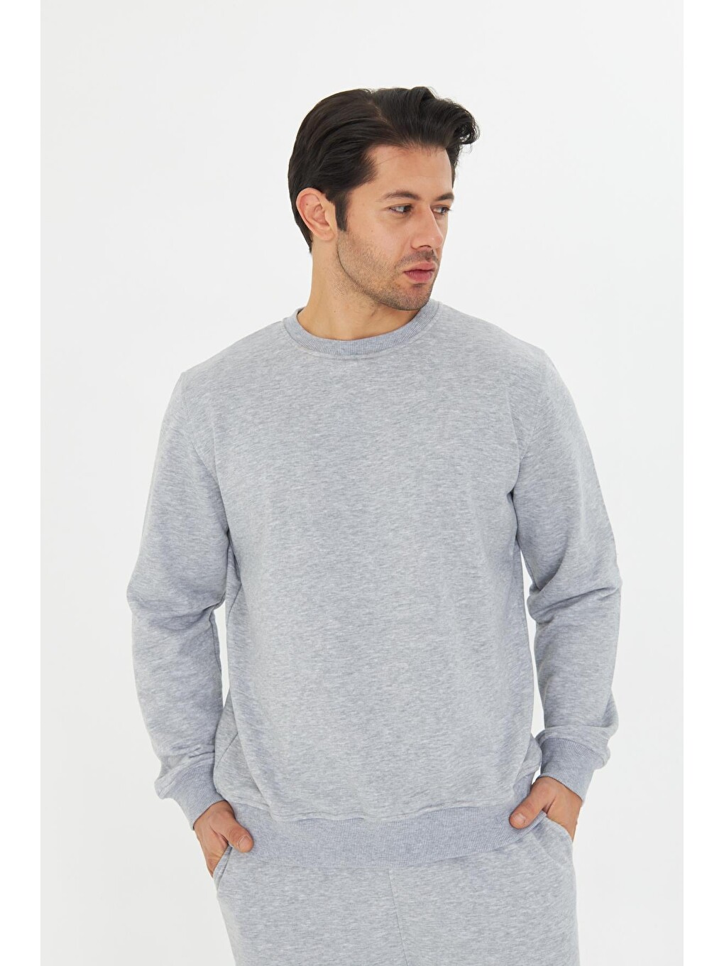 Gri Şardonsuz 3 Iplik Pamuklu Basic Bisiklet Yaka Unisex Eşofman Takımı 5738-5