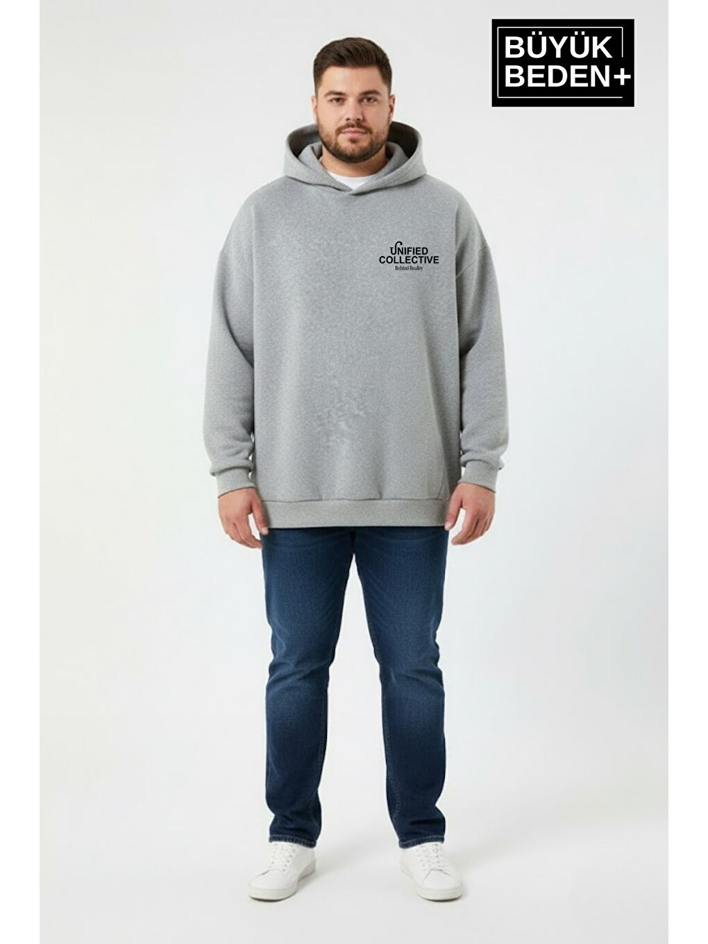Gri Erkek Büyük Beden Hoodie –Rahat Kalıp Konforlu Unified Baskılı Sweatshirt SPR26BSW968