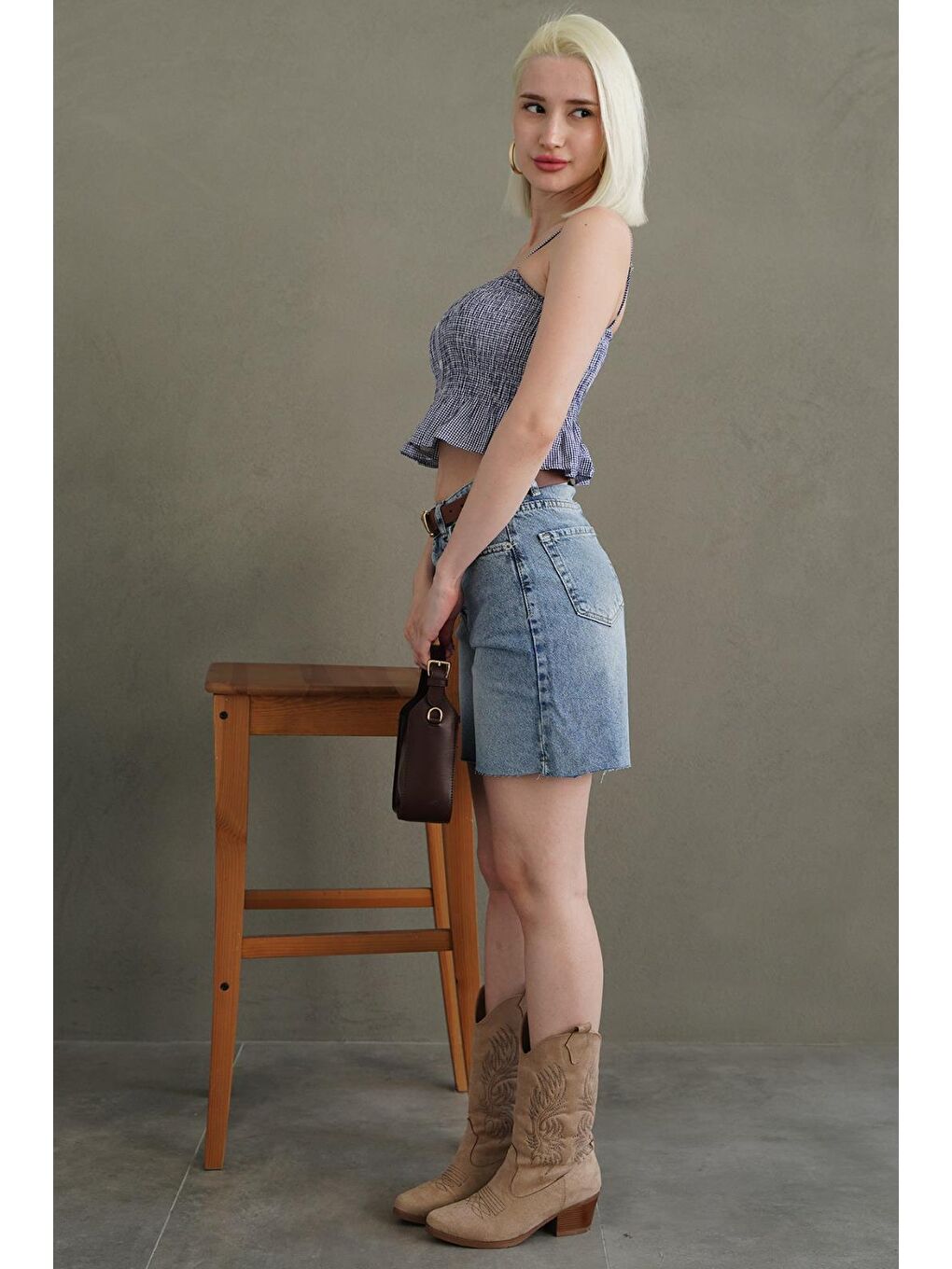 Mavi Saks Ayarlanabilir Askı Pötikareli Crop Mg2371-5