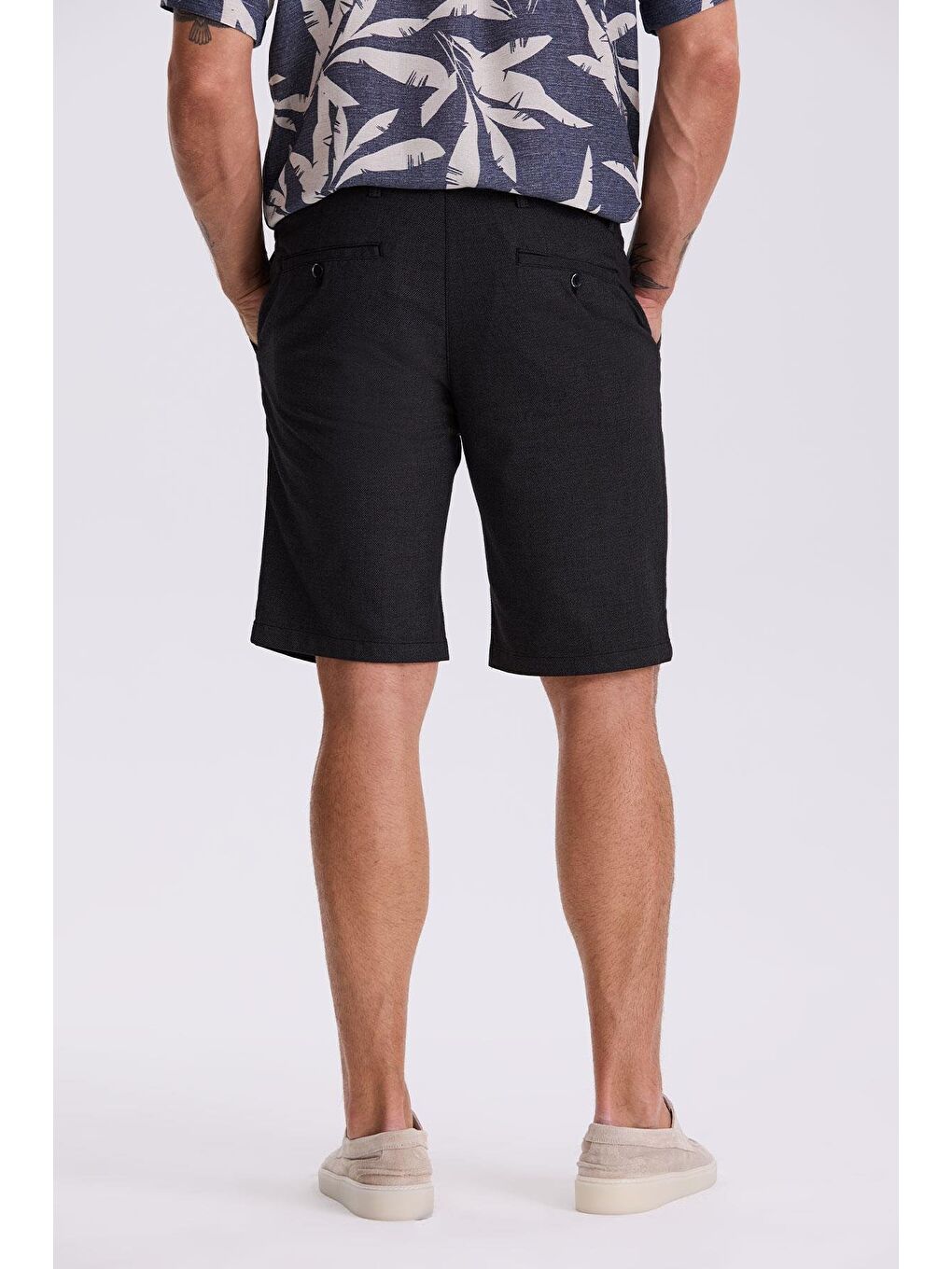 Siyah Comfort Fit Keten Dokulu Rahat Kesim Pamuklu Şort-3