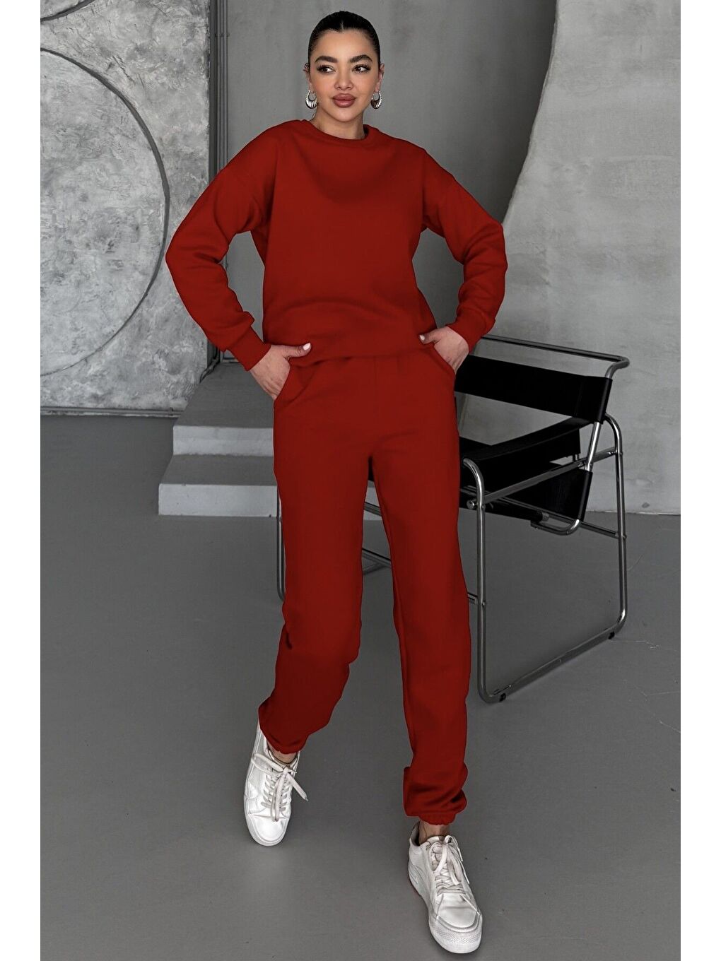 Unisex Kırmızı Bisiklet Yaka Düz Alt-üst Eşofman Takım-2