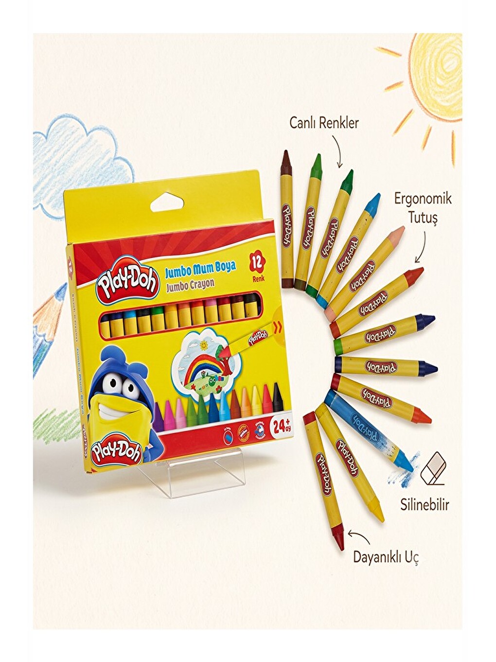 Jumbo Mum Boya 12 Li 1 Paket 12 Renk Mumboya Elleri Kirletmeyen Yıkanabilir Silinebilir Karton Kutu-1
