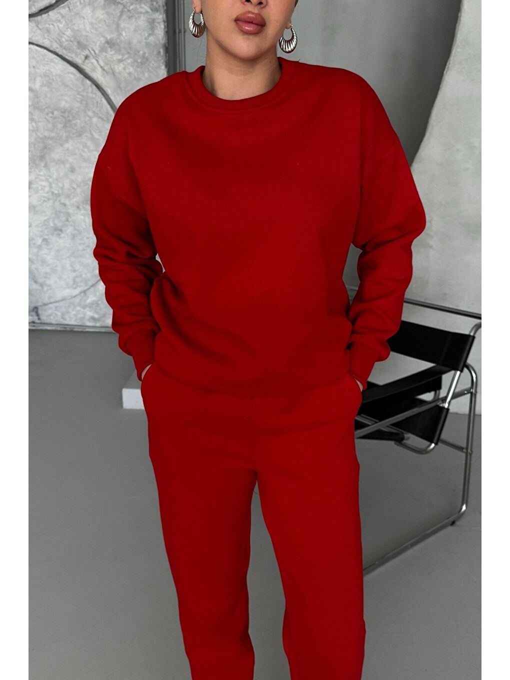 Unisex Kırmızı Bisiklet Yaka Düz Alt-üst Eşofman Takım-3