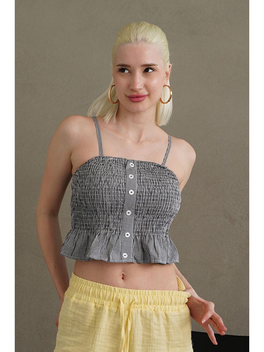 Siyah Ayarlanabilir Askı Pötikareli Crop Mg2371-2