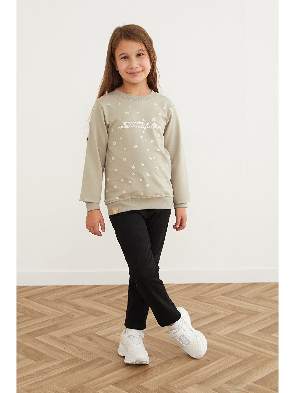 Turkuaz Beautiful Yazı Baskılı Kız Çocuk Sweatshirt