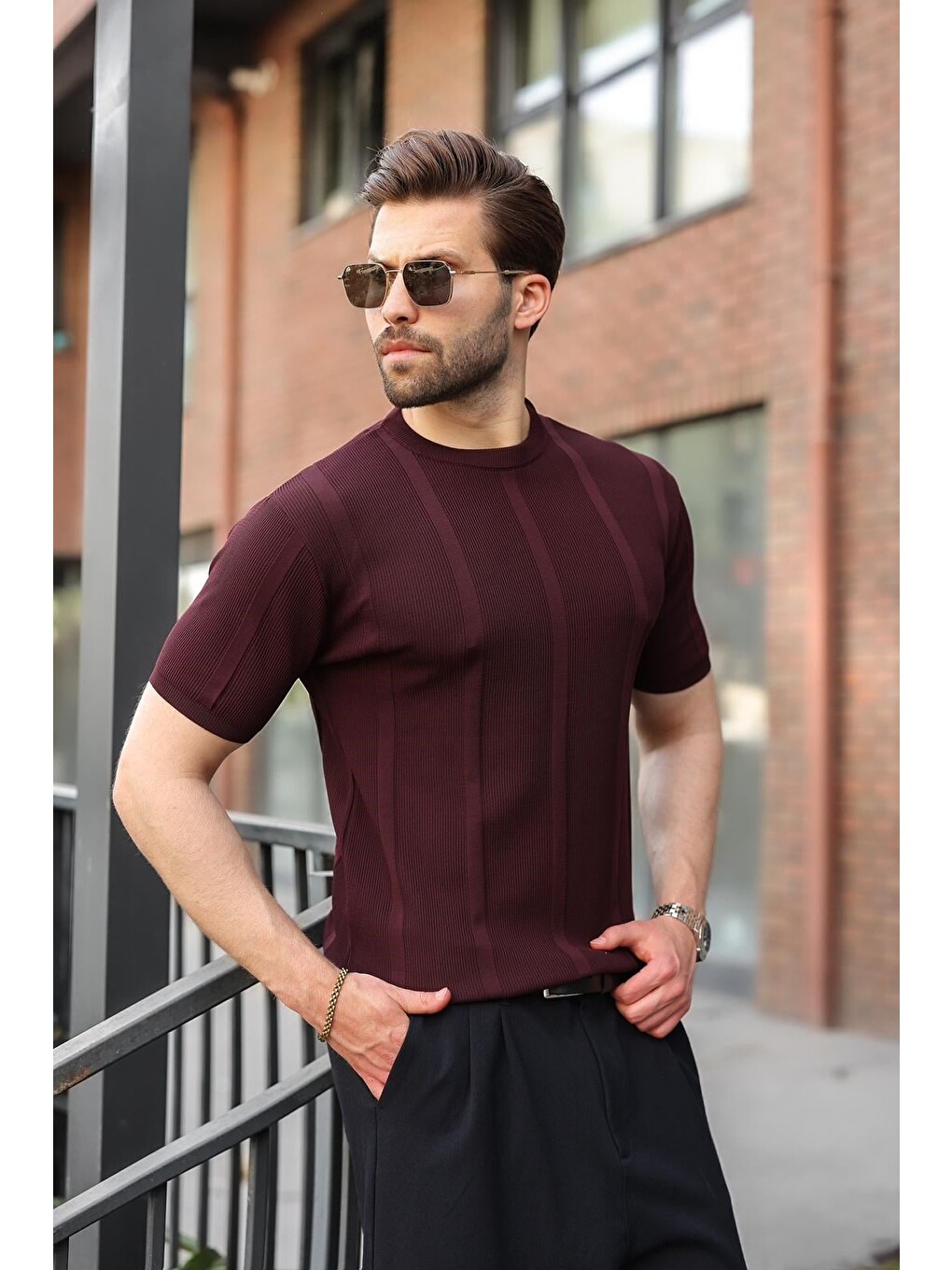 Mürdüm Regular Fit Bisiklet Yaka Fitilli Triko Erkek Tişört E7490
