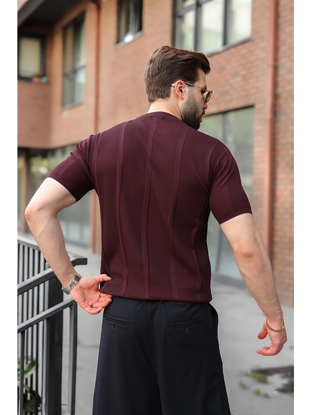 Mürdüm Regular Fit Bisiklet Yaka Fitilli Triko Erkek Tişört E7490-2