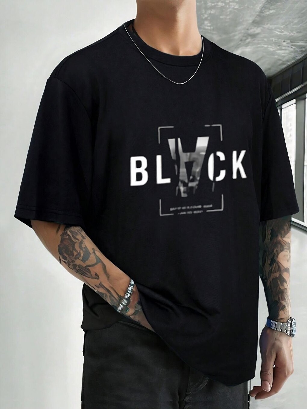 Erkek Siyah Black Baskı %100 Organik Pamuk Örme Oversize Tişört