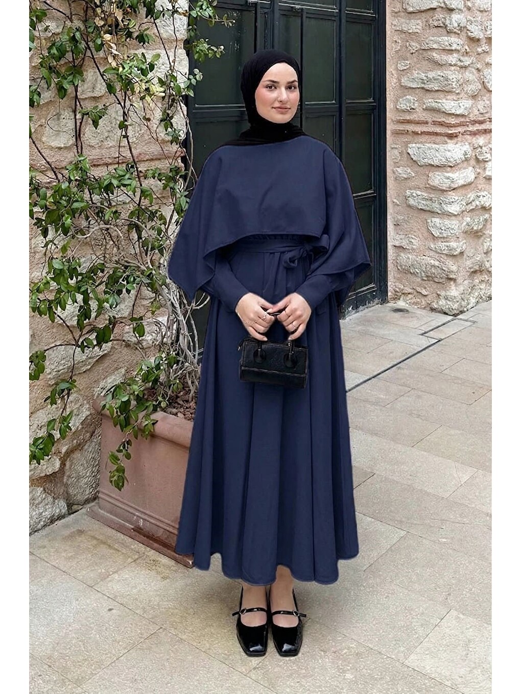 Pelerin Detaylı Elbise Lacivert-1