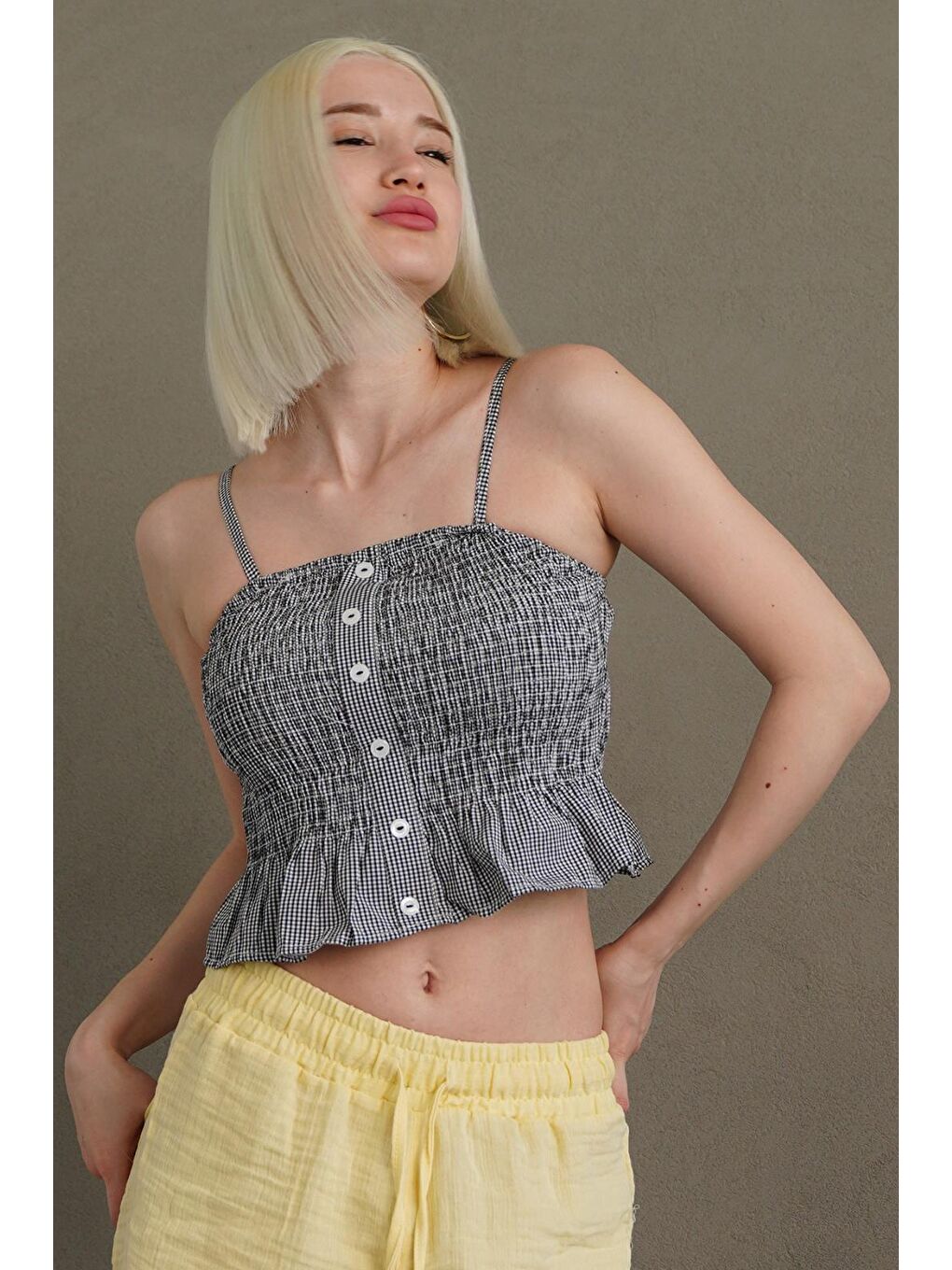 Siyah Ayarlanabilir Askı Pötikareli Crop Mg2371-6