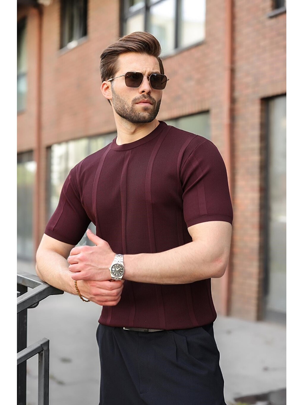 Mürdüm Regular Fit Bisiklet Yaka Fitilli Triko Erkek Tişört E7490-3