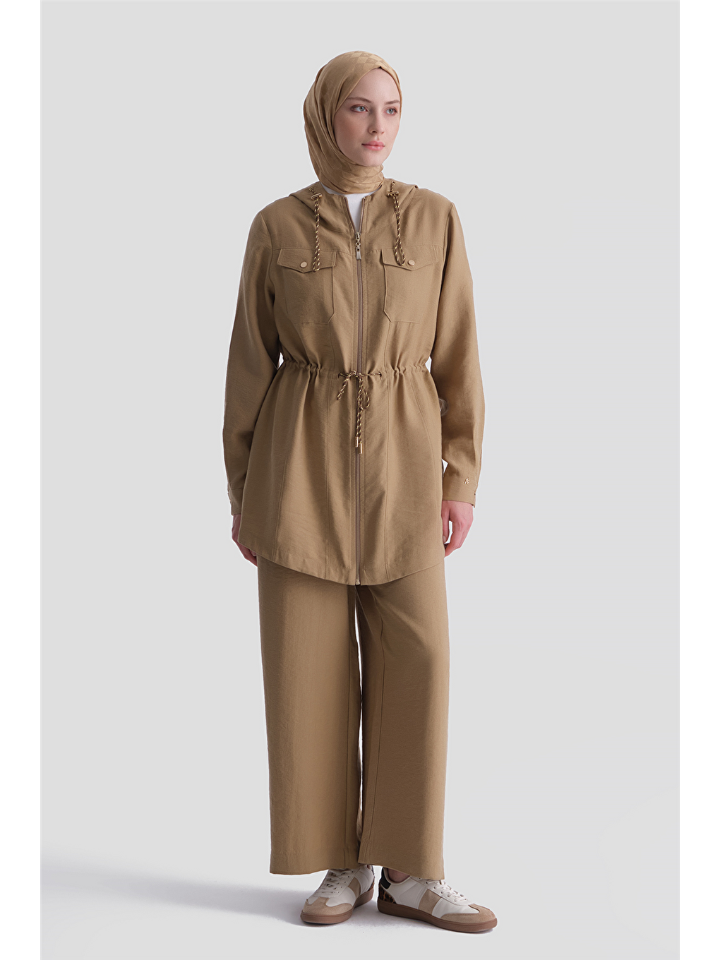 Kahverengi Kapüşonlu Beli Büzgülü Takım Camel-2