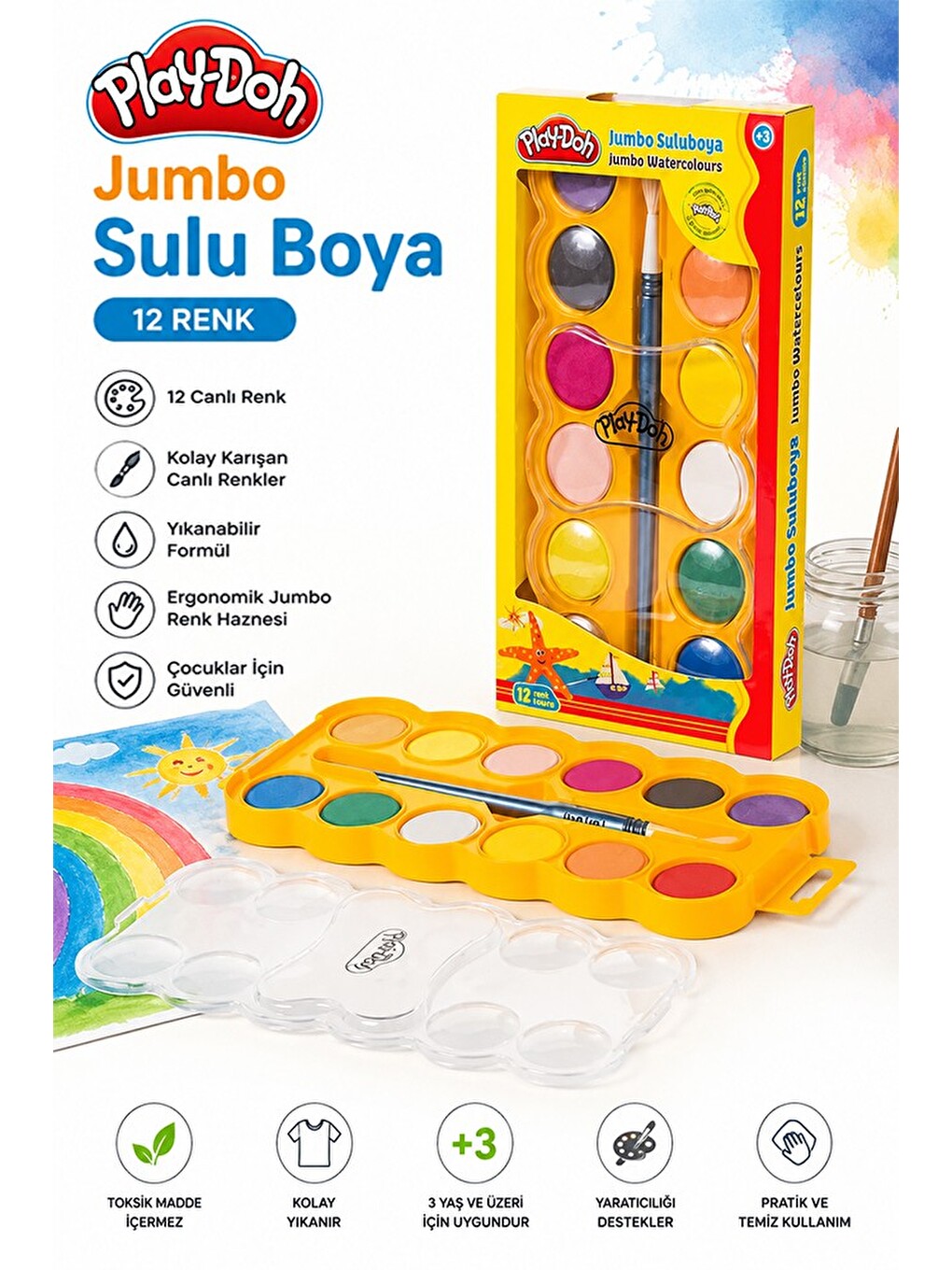 8 Renk Jumbo Sulu Boya 1 Paket 8 Li Suluboya Fırça Hediyeli Canlı Renkler Kaliteli Yıkanabilir