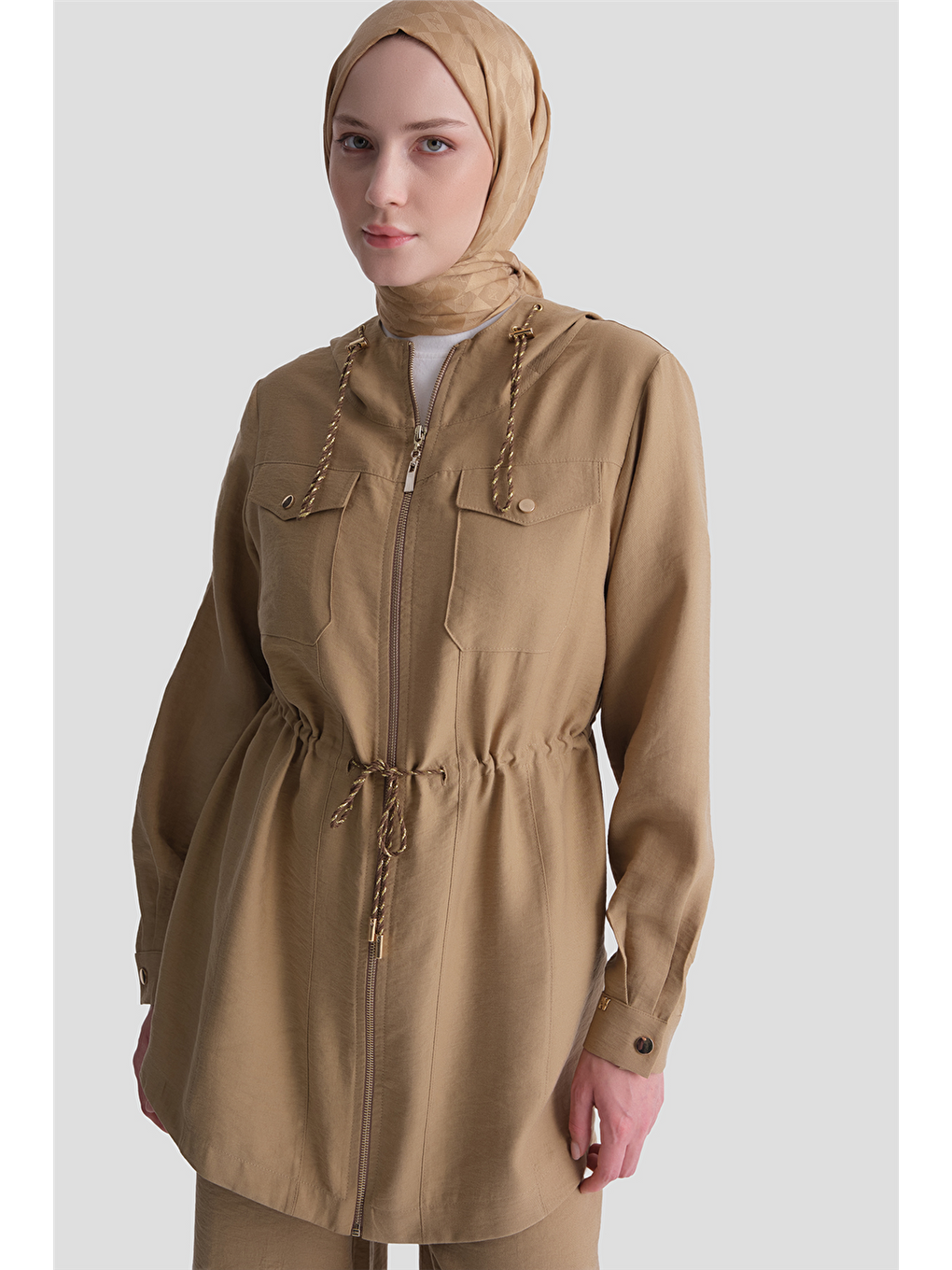 Kahverengi Kapüşonlu Beli Büzgülü Takım Camel-3