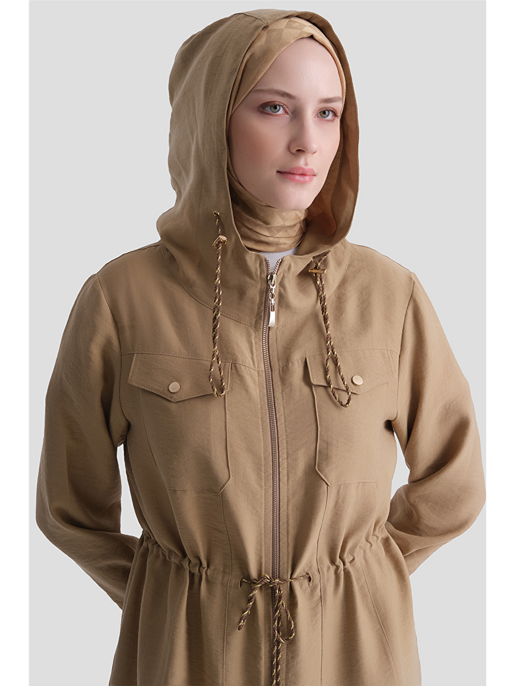 Kahverengi Kapüşonlu Beli Büzgülü Takım Camel-4