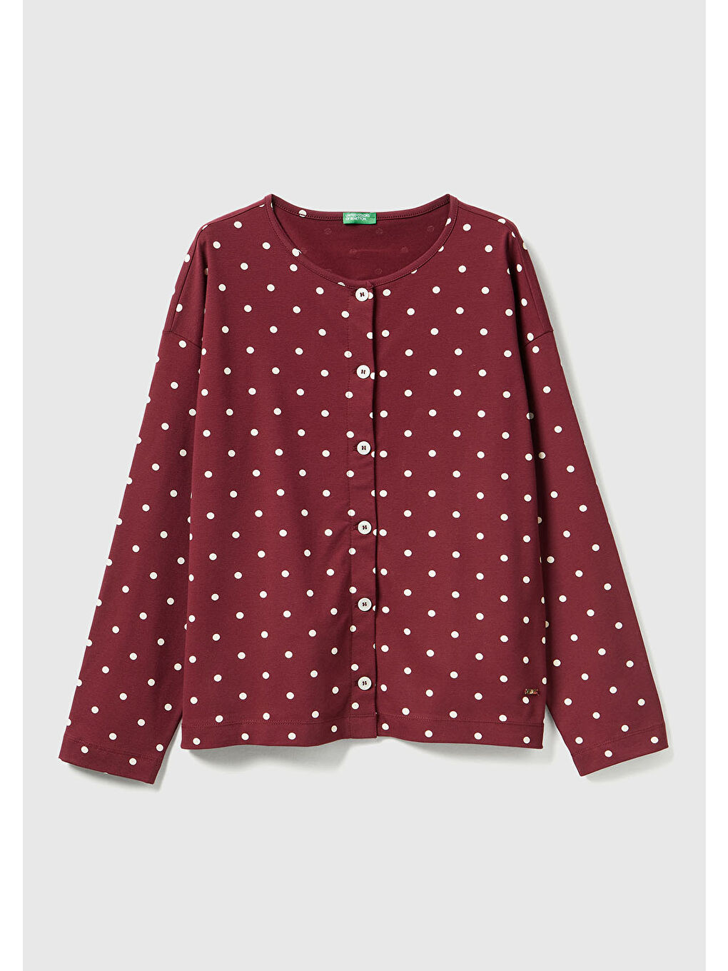 Kadın Bordo Pamuk Karışımlı Puantiyeli Önü Düğmeli Pijama Üstü