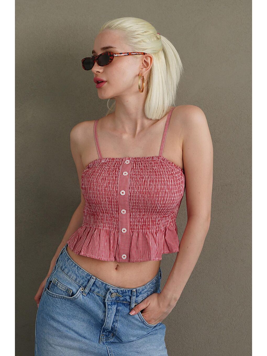 Kırmızı Ayarlanabilir Askı Pötikareli Crop Mg2371-3