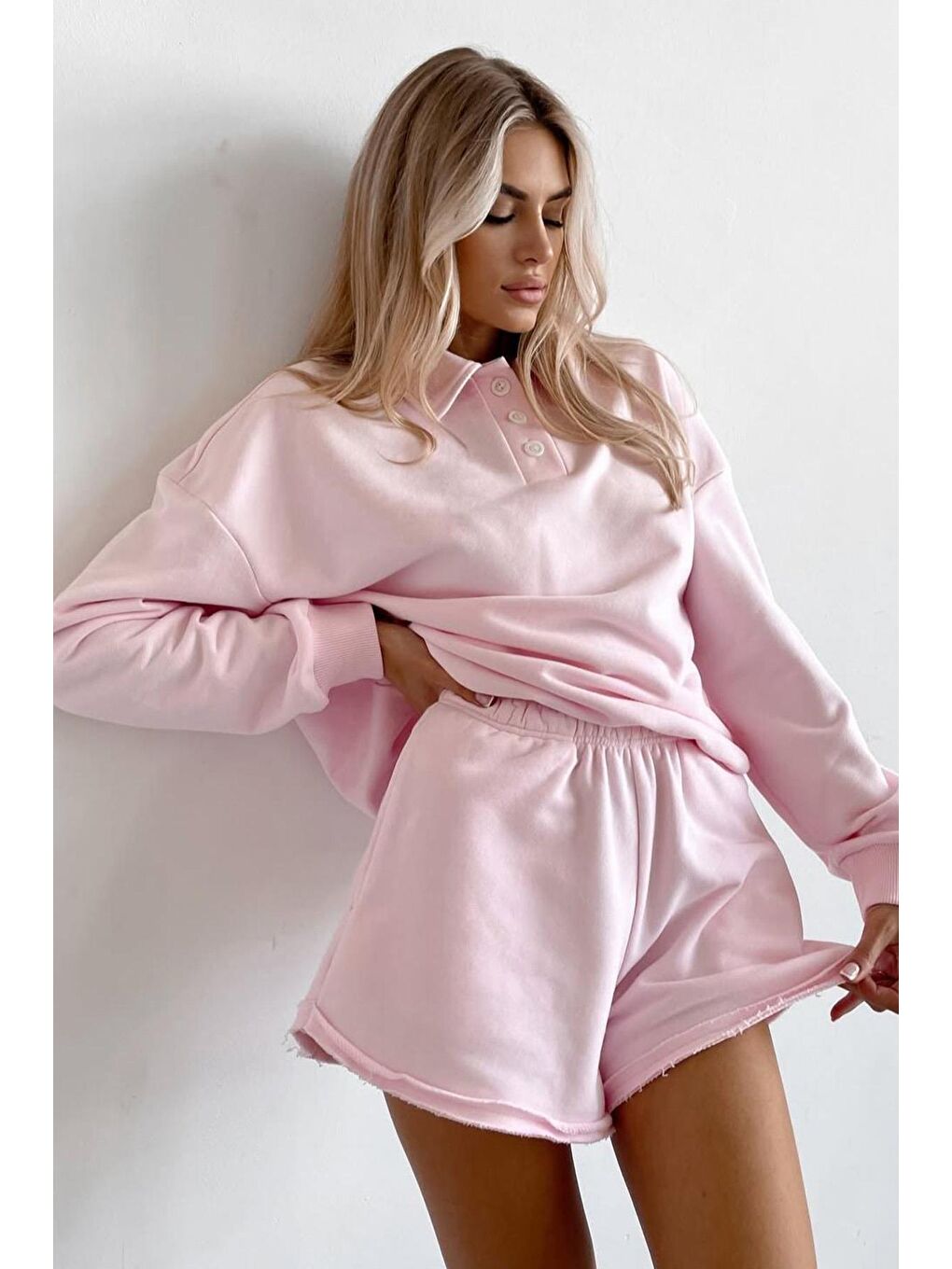 Pembe Polo Yaka Kadın Şort Sweatshirt Takım Mg2375-2