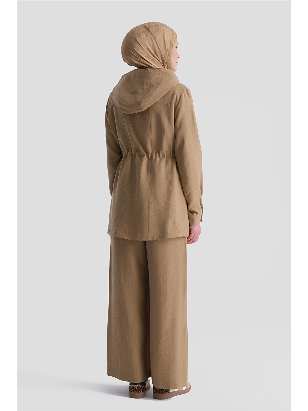 Kahverengi Kapüşonlu Beli Büzgülü Takım Camel-5