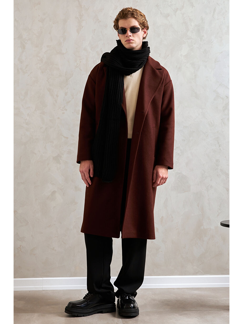 Kahverengi Erkek Oversize Astarlı Uzun Kaşe Kaban