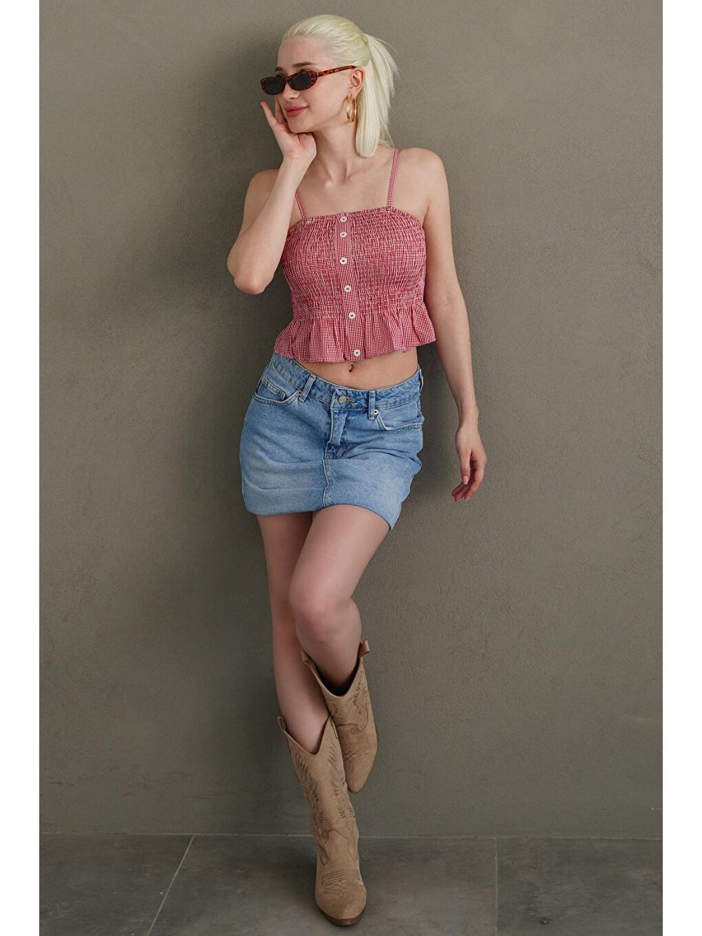 Kırmızı Ayarlanabilir Askı Pötikareli Crop Mg2371-5