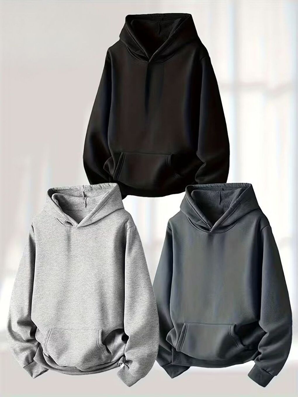 Karışık 3Lü Set Siyah Füme Gri Düz Kapüşonlu Oversize Sweatshirt