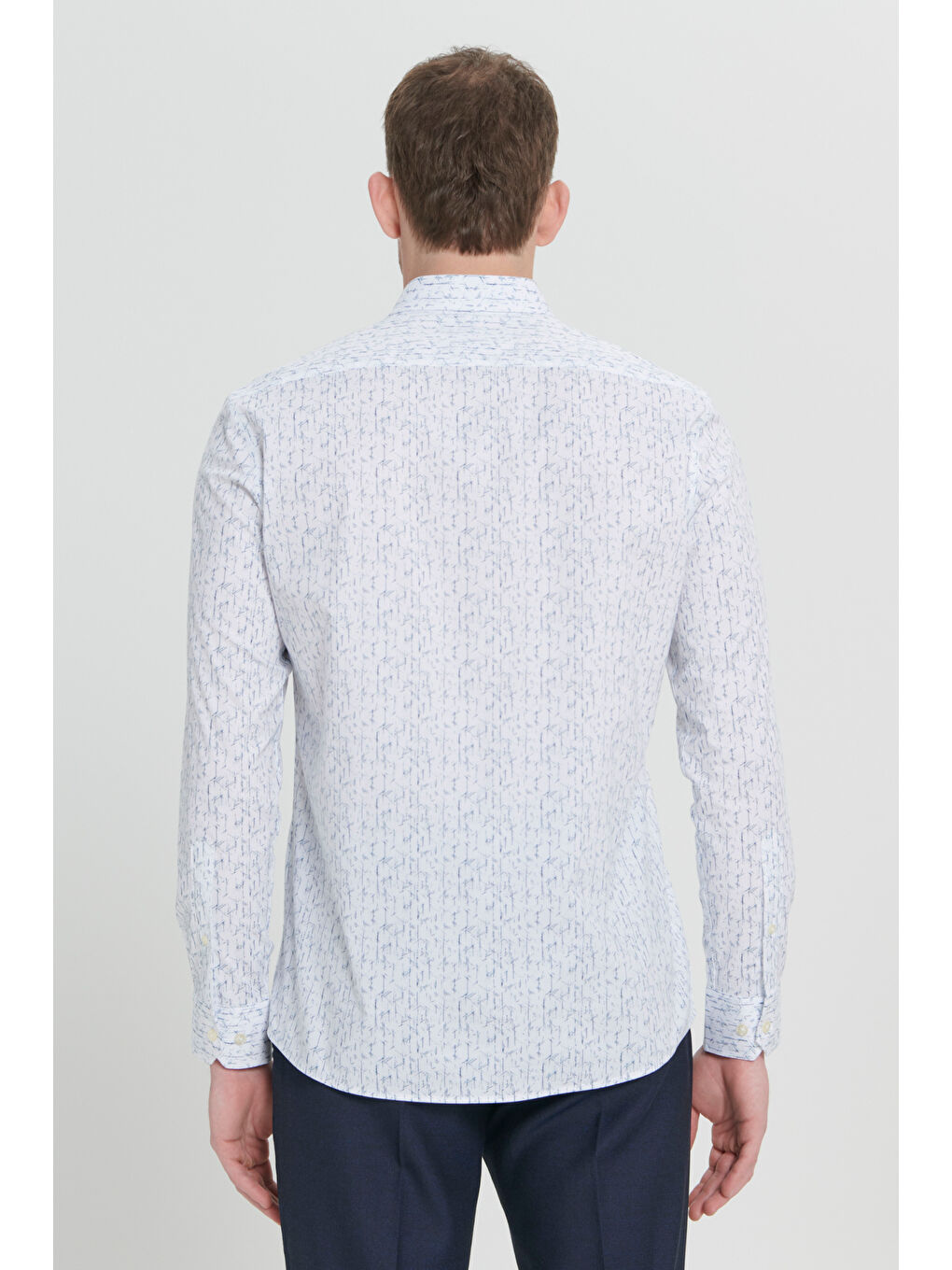 Erkek Beyaz-Lacivert Slim Fit Dar Kesim Klasik Yaka Pamuklu Armürlü Gömlek-6