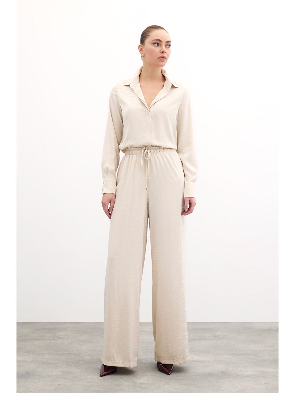 Bej Zebra Desenli Salaş Pantolon - Taş-1