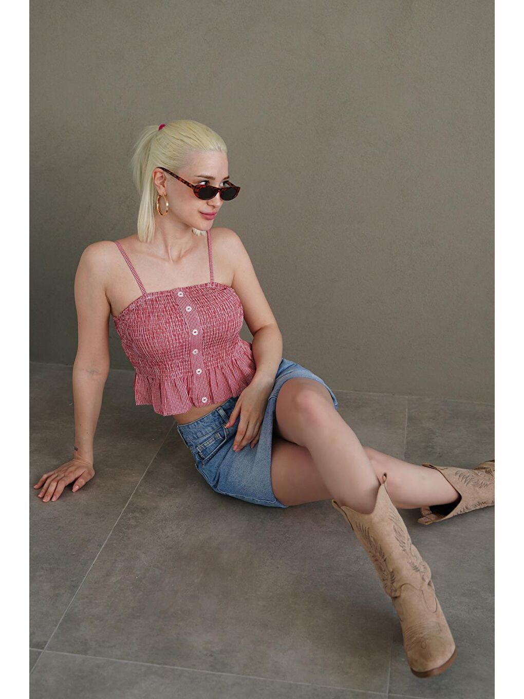 Kırmızı Ayarlanabilir Askı Pötikareli Crop Mg2371-7