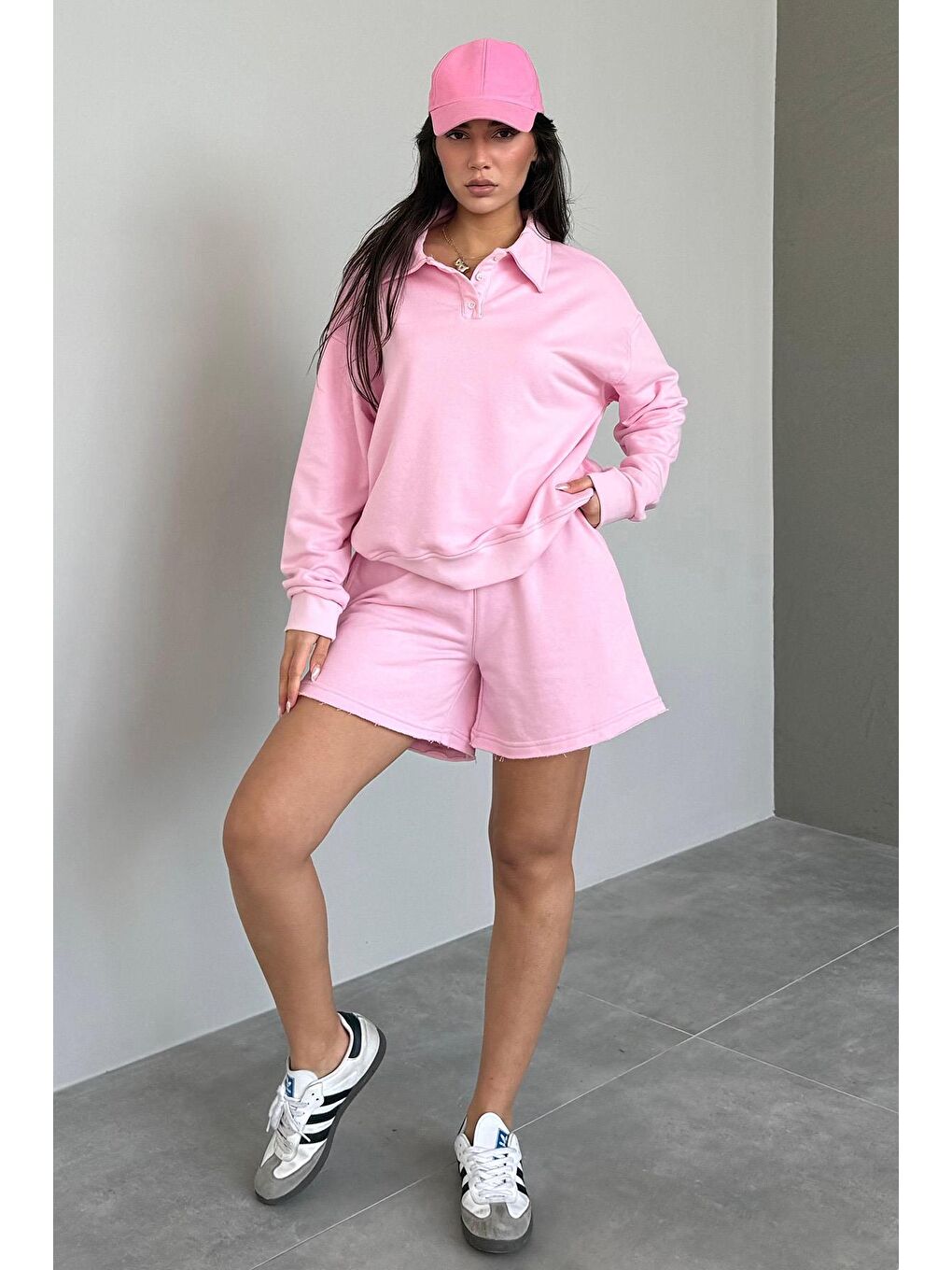 Pembe Polo Yaka Kadın Şort Sweatshirt Takım Mg2375-4
