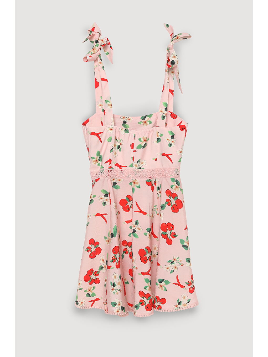 Domates Biber Desenli Askılı Mini Elbise Pembe-2