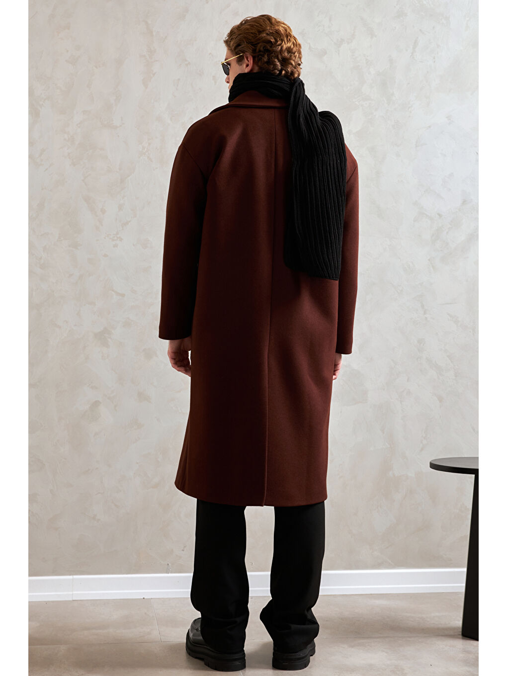 Kahverengi Erkek Oversize Astarlı Uzun Kaşe Kaban-1