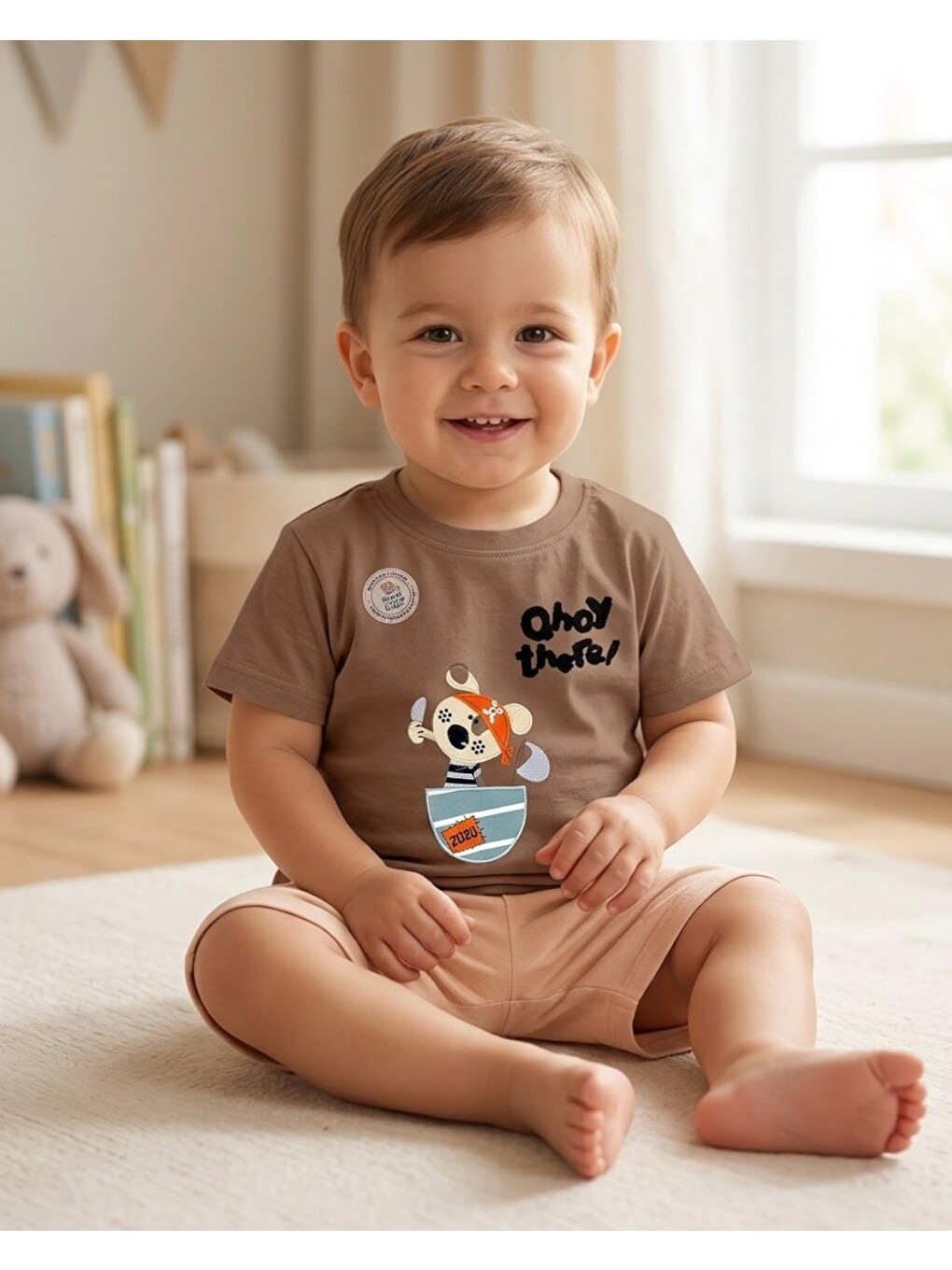 Kahverengi Erkek Bebek Yazlık Nakışlı Şort T-shirt 2'li Takım-1