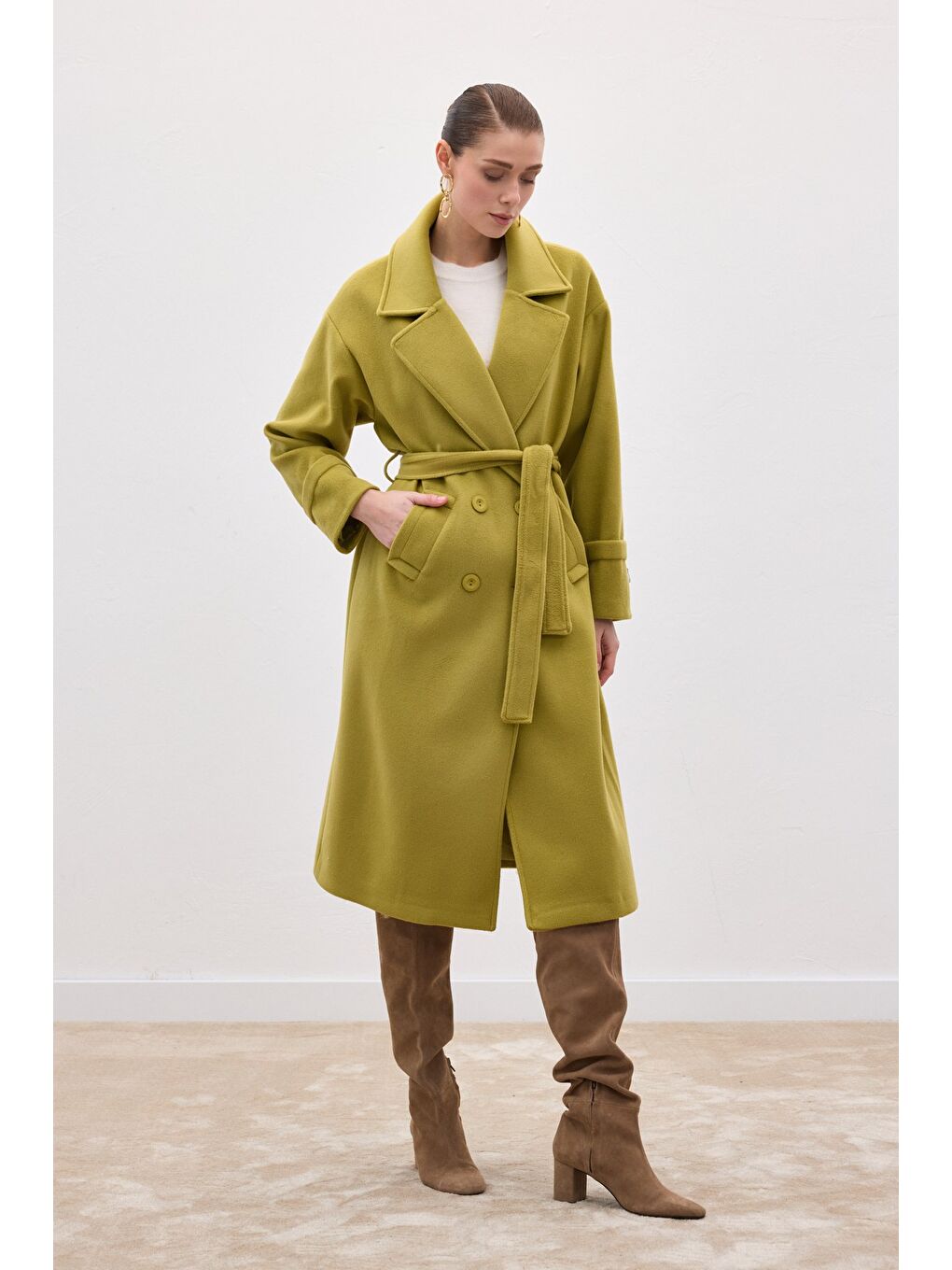 Beli Bağlamalı Uzun Kaban - Yağ Yeşili-3