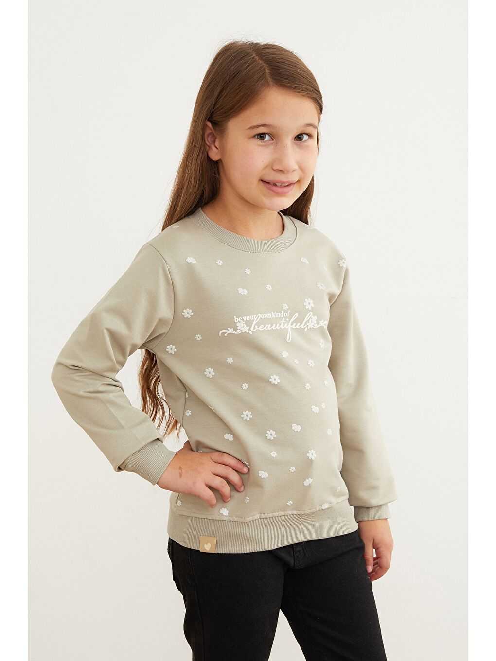 Turkuaz Beautiful Yazı Baskılı Kız Çocuk Sweatshirt-2