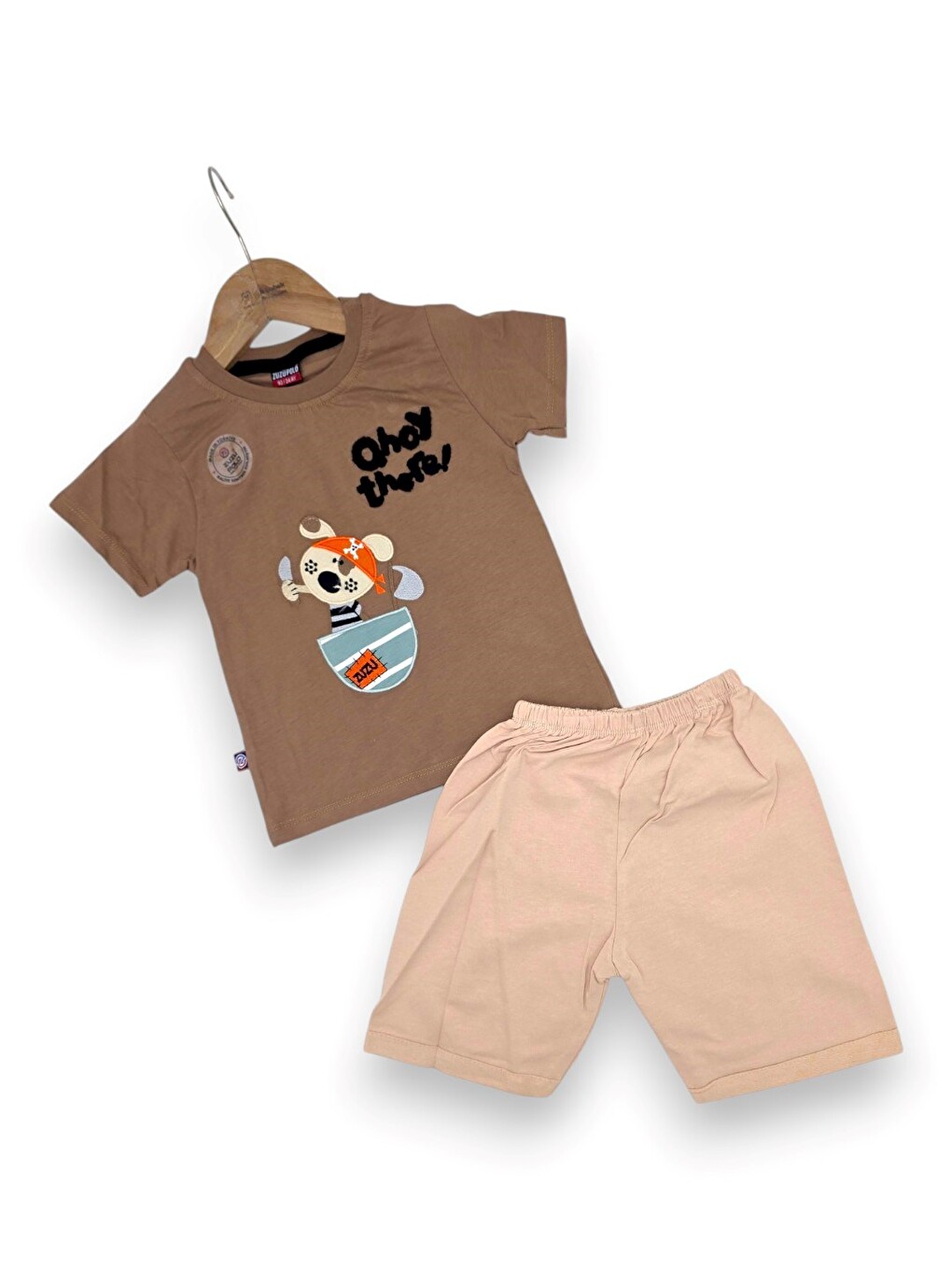 Kahverengi Erkek Bebek Yazlık Nakışlı Şort T-shirt 2'li Takım-2