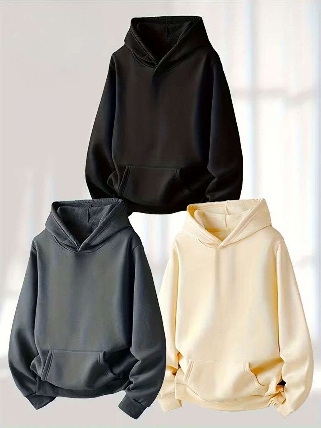 Karışık 3Lü Set Siyah Füme Bej Düz Kapüşonlu Oversize Sweatshirt