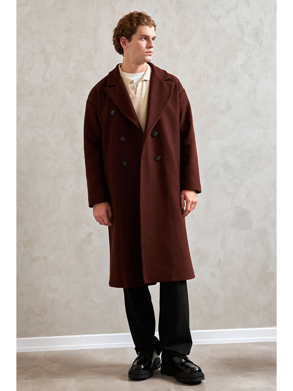 Kahverengi Erkek Oversize Astarlı Uzun Kaşe Kaban-2