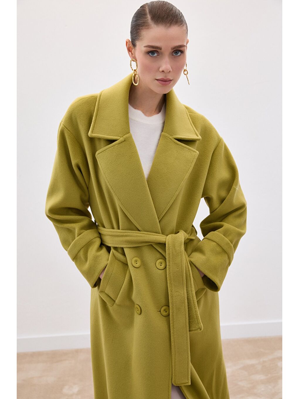 Beli Bağlamalı Uzun Kaban - Yağ Yeşili-4