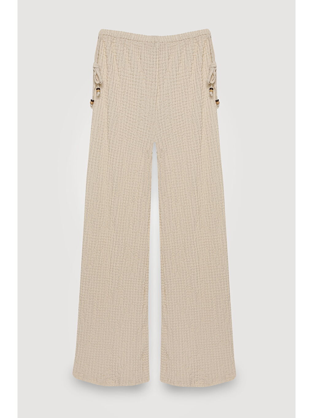 Bej Yanları Boncuk Bağlamalı Gofre Pantolon Taş