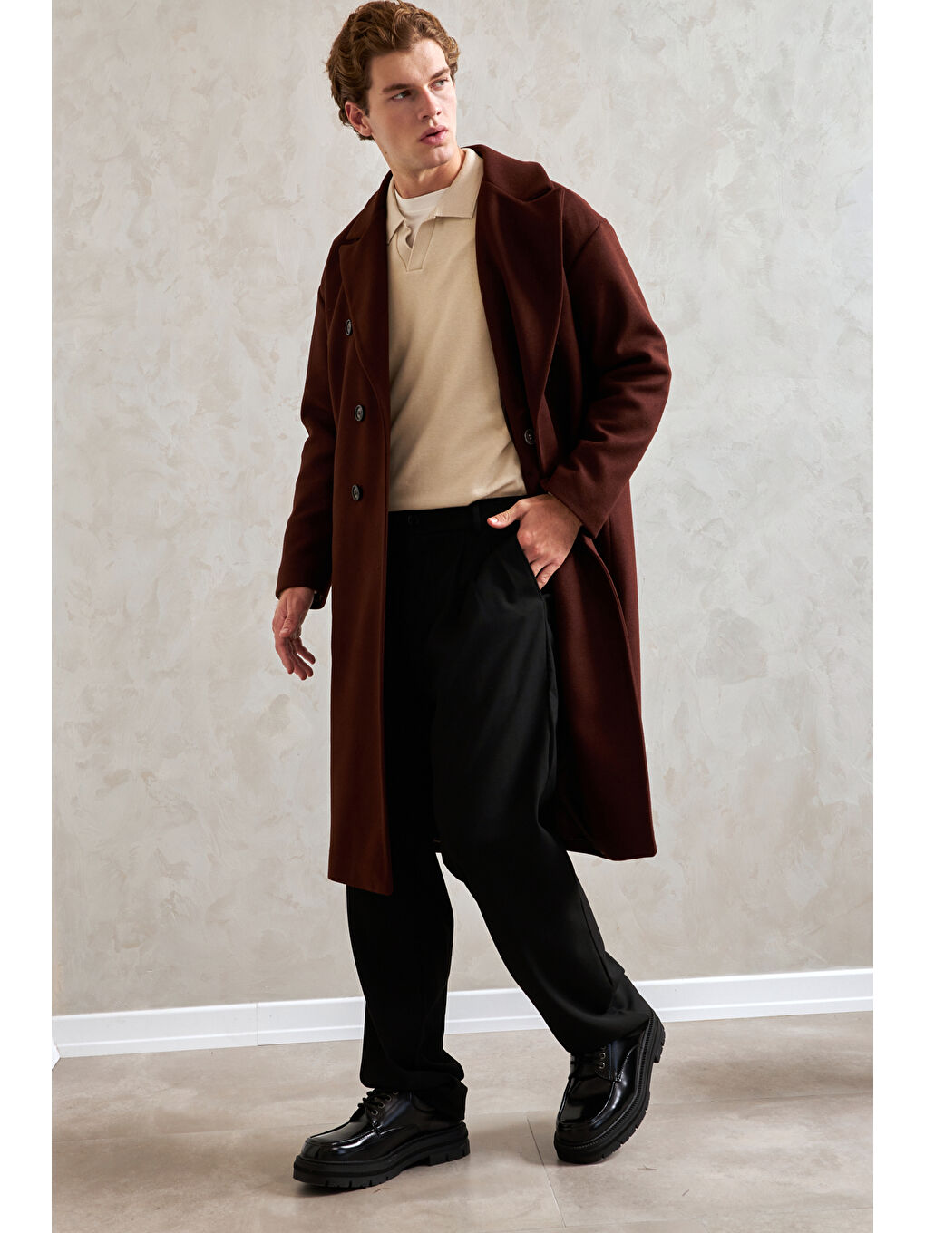 Kahverengi Erkek Oversize Astarlı Uzun Kaşe Kaban-3