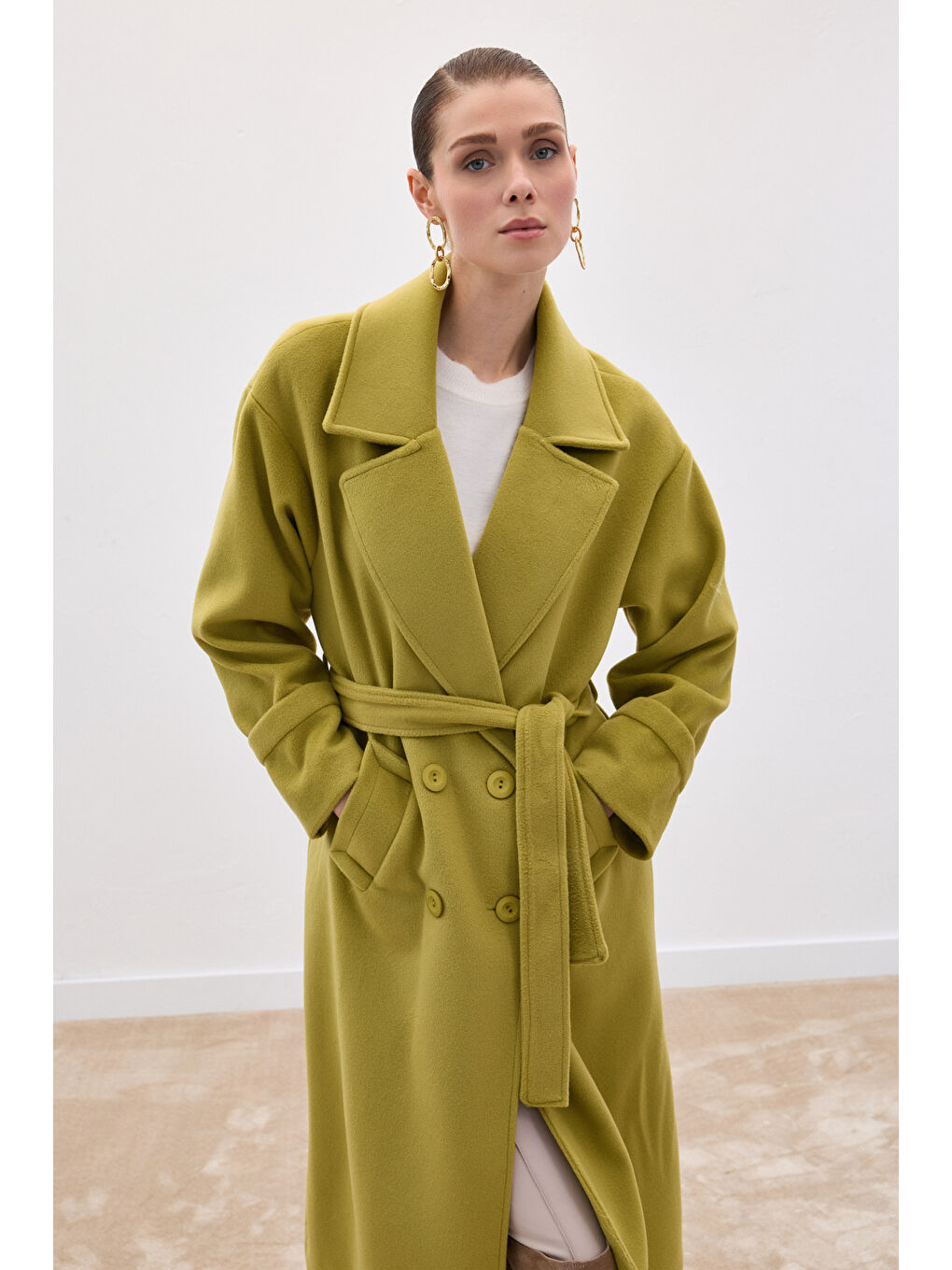 Beli Bağlamalı Uzun Kaban - Yağ Yeşili-5
