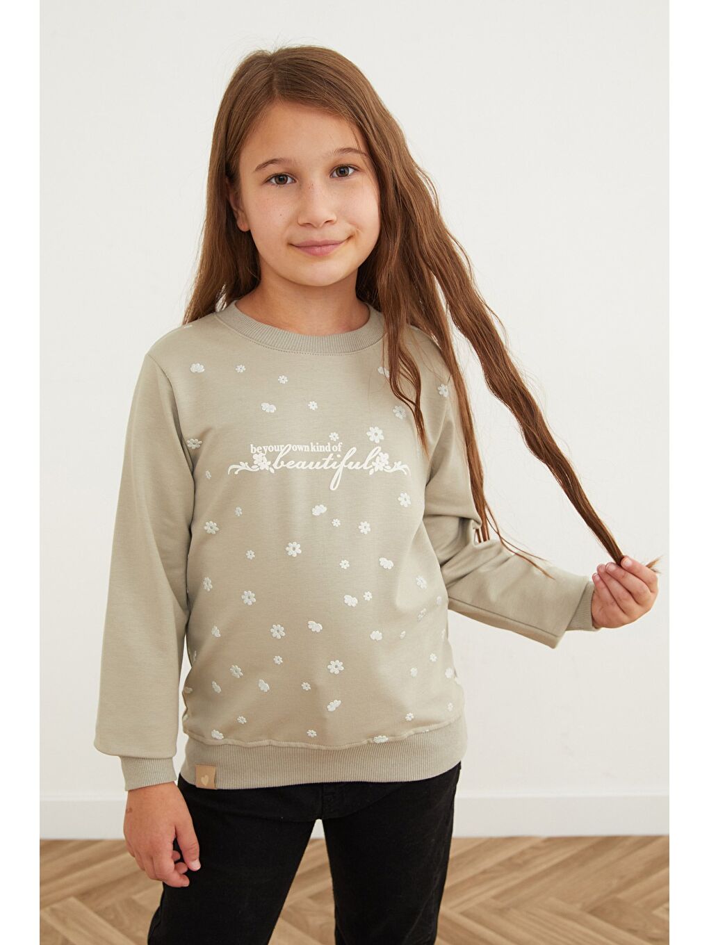 Turkuaz Beautiful Yazı Baskılı Kız Çocuk Sweatshirt-4