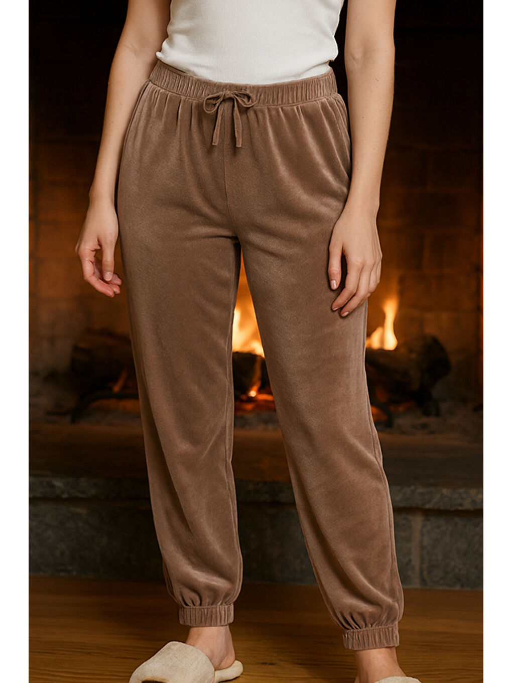 Bej Kadın Paçası Lastikli Cep Detaylı Kadife Kumaş Tek Alt 503 Vizon