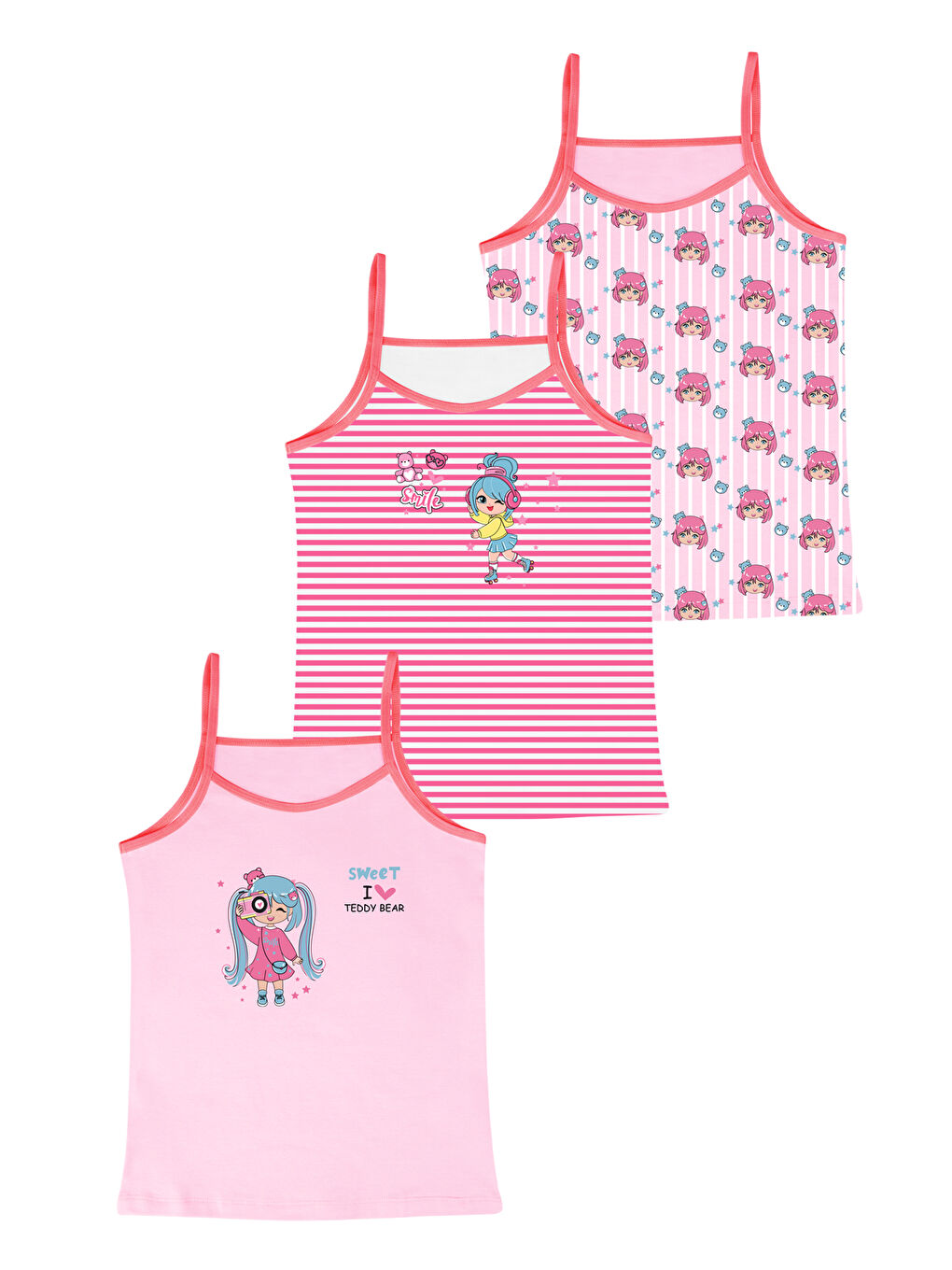 Karışık Kız Çocuk Baskılı Pamuklu Atlet 3'lü Paket