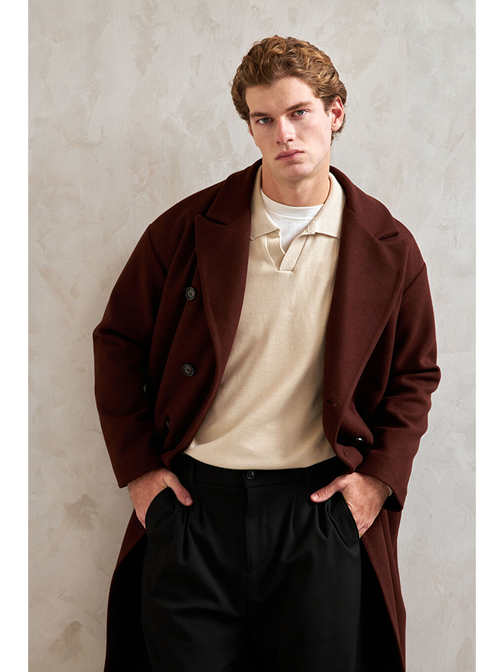 Kahverengi Erkek Oversize Astarlı Uzun Kaşe Kaban-4