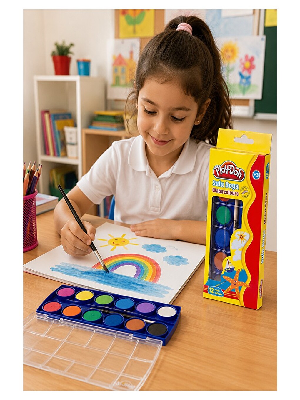 12 Renk Sulu Boya 23mm 1 Paket 12 Li Suluboya Fırça Hediyeli Canlı Renkler Kaliteli Yıkanabilir-2